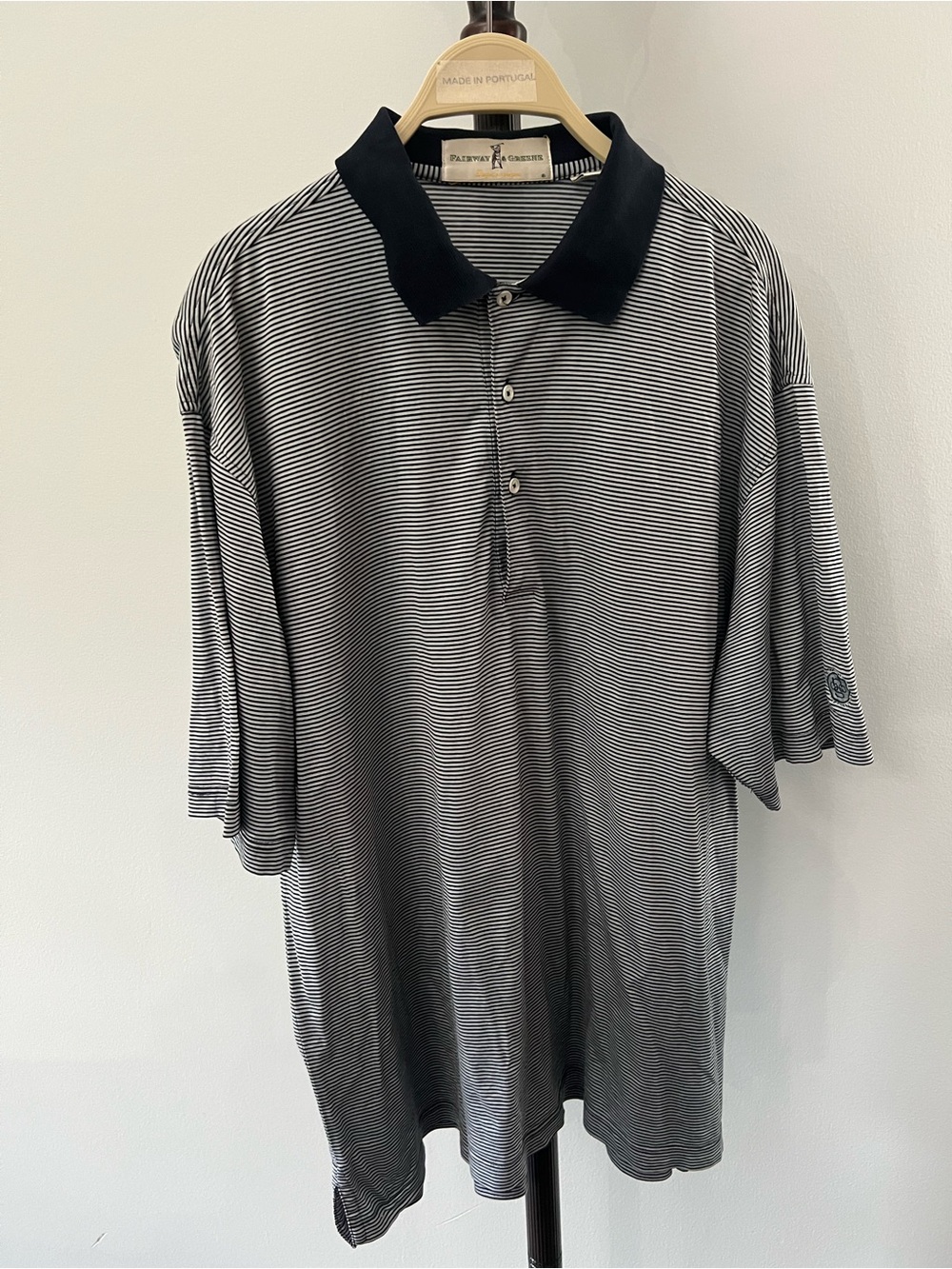 Fairway & Greene Black and White Micro-Stripe Polo with Black Collar